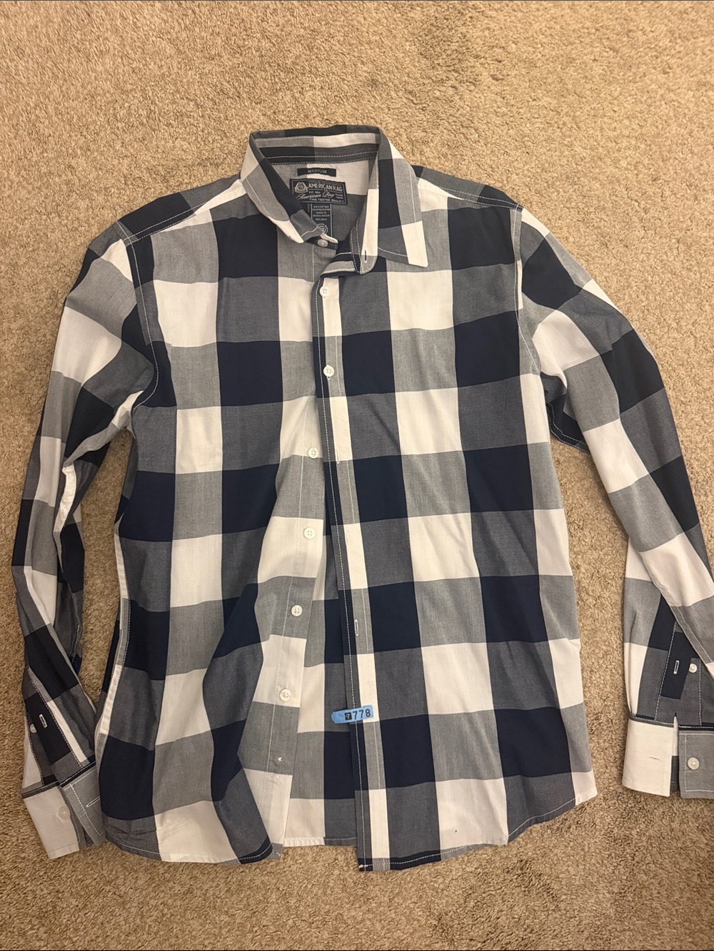 American Rag Navy and White Large Check Button-Down Shirt